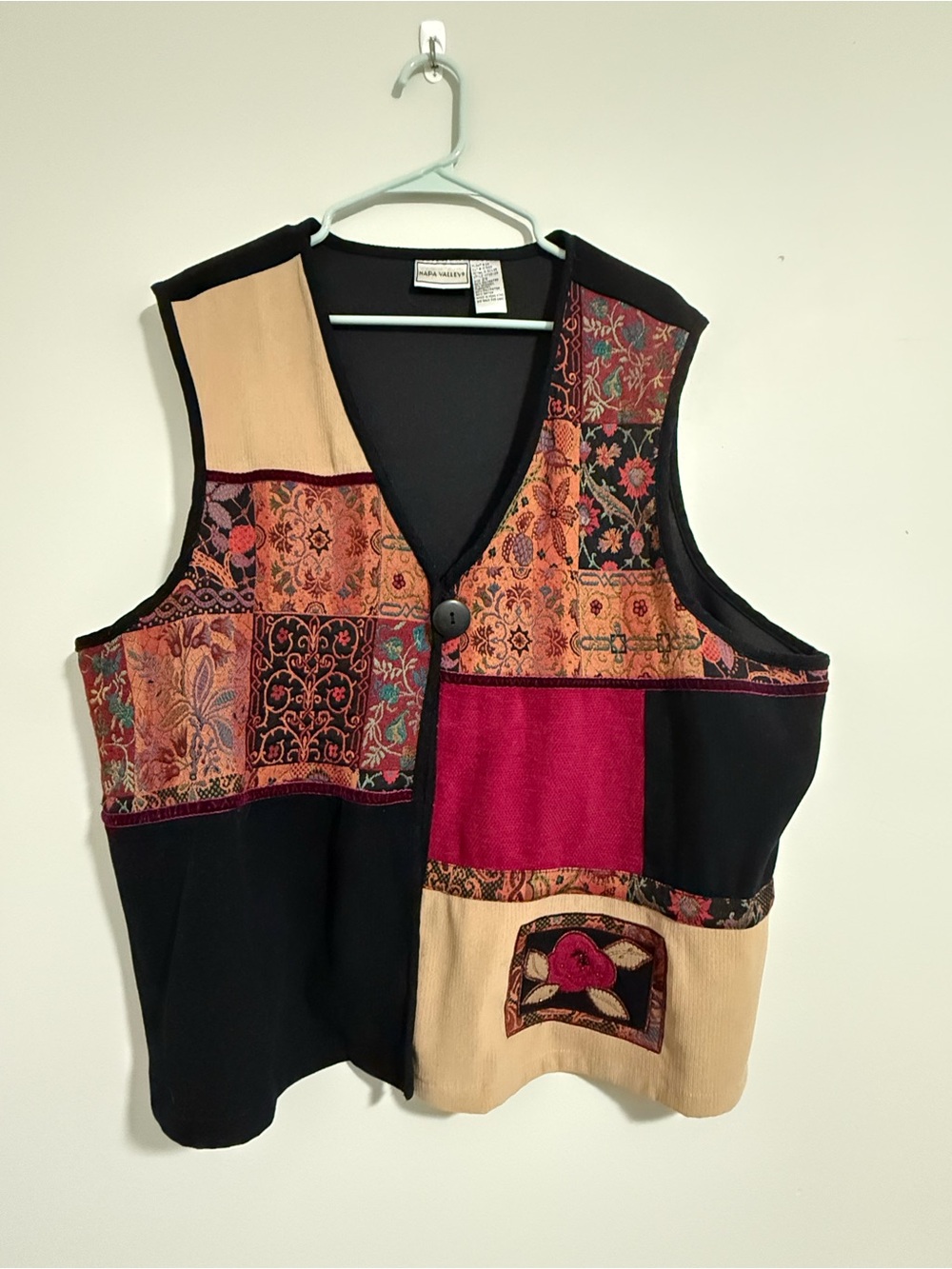 Patchwork Embroidered Vest — Black, Burgundy & Beige
